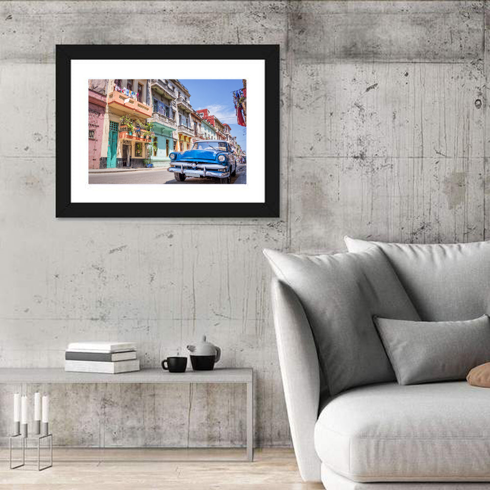 Vintage American Car on Colorful Street Wall Art in a room, landscape