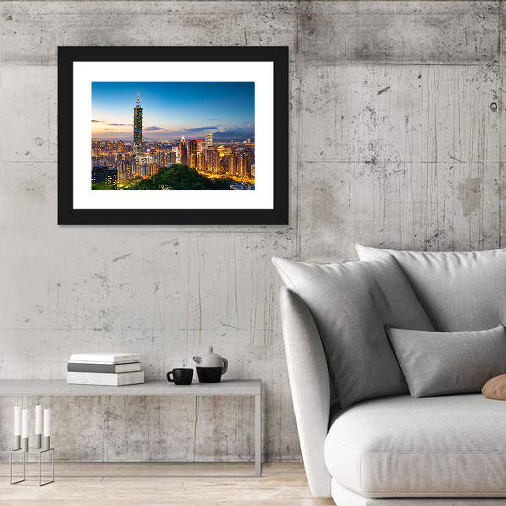 Taipei Skyline at Dusk Wall Art in a room, landscape