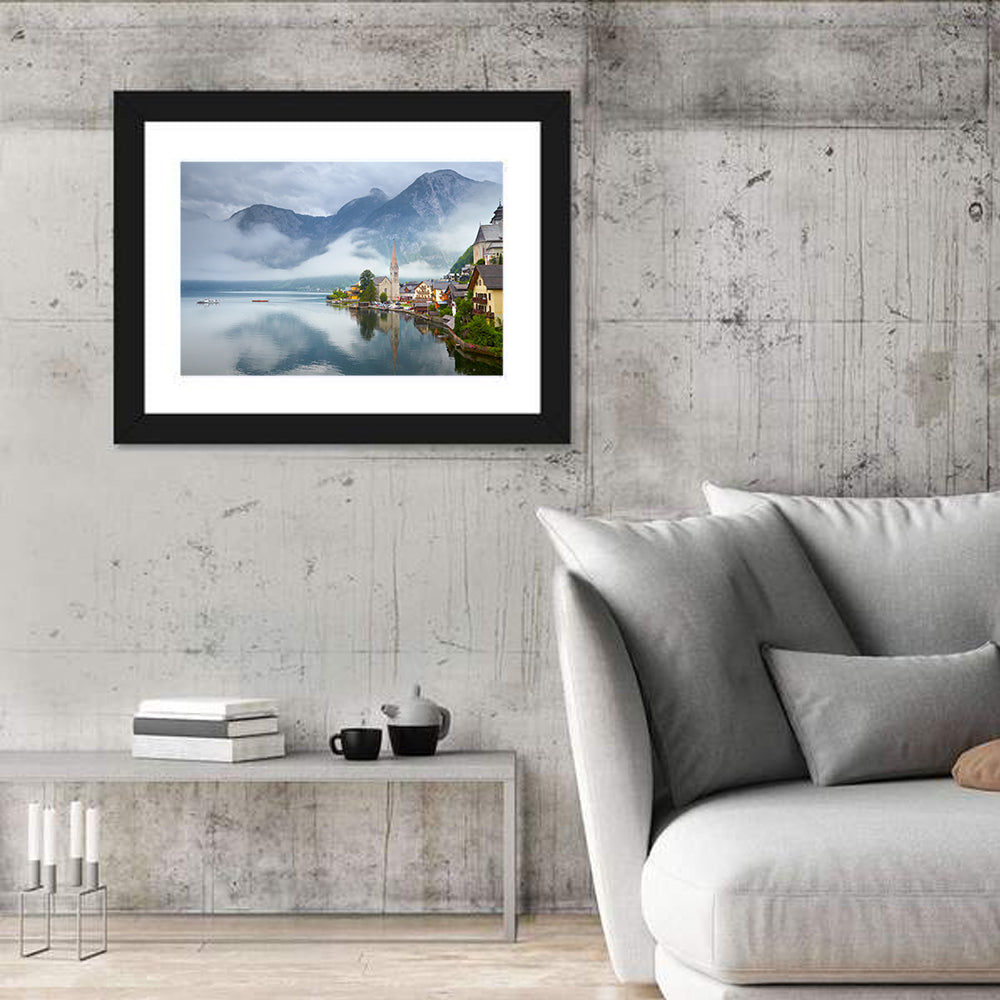 Hallstatt Lakeside Village Reflection Wall Art in a room, landscape