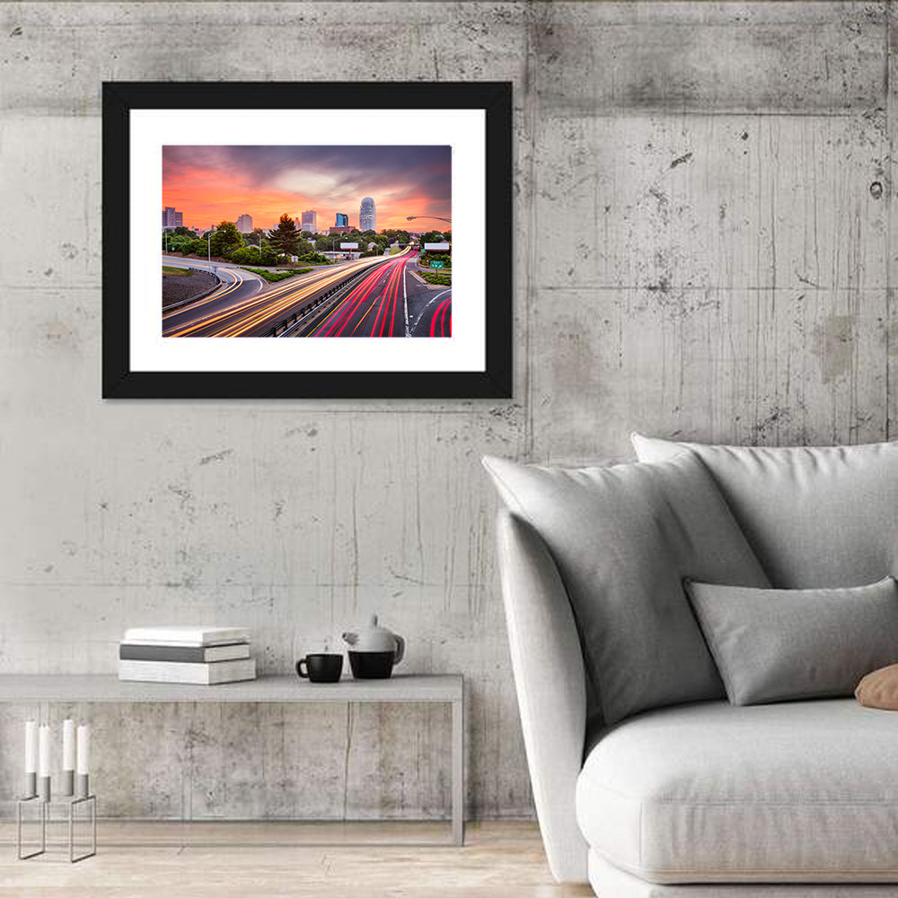 Winston-salem Dusk Skyline with Light Trails Wall Art in a room, landscape