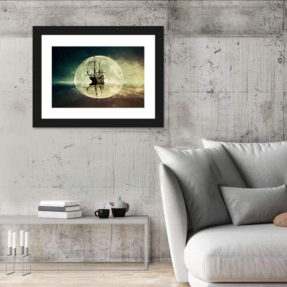 Moonlit Floating Ship Wall Art in a room, landscape