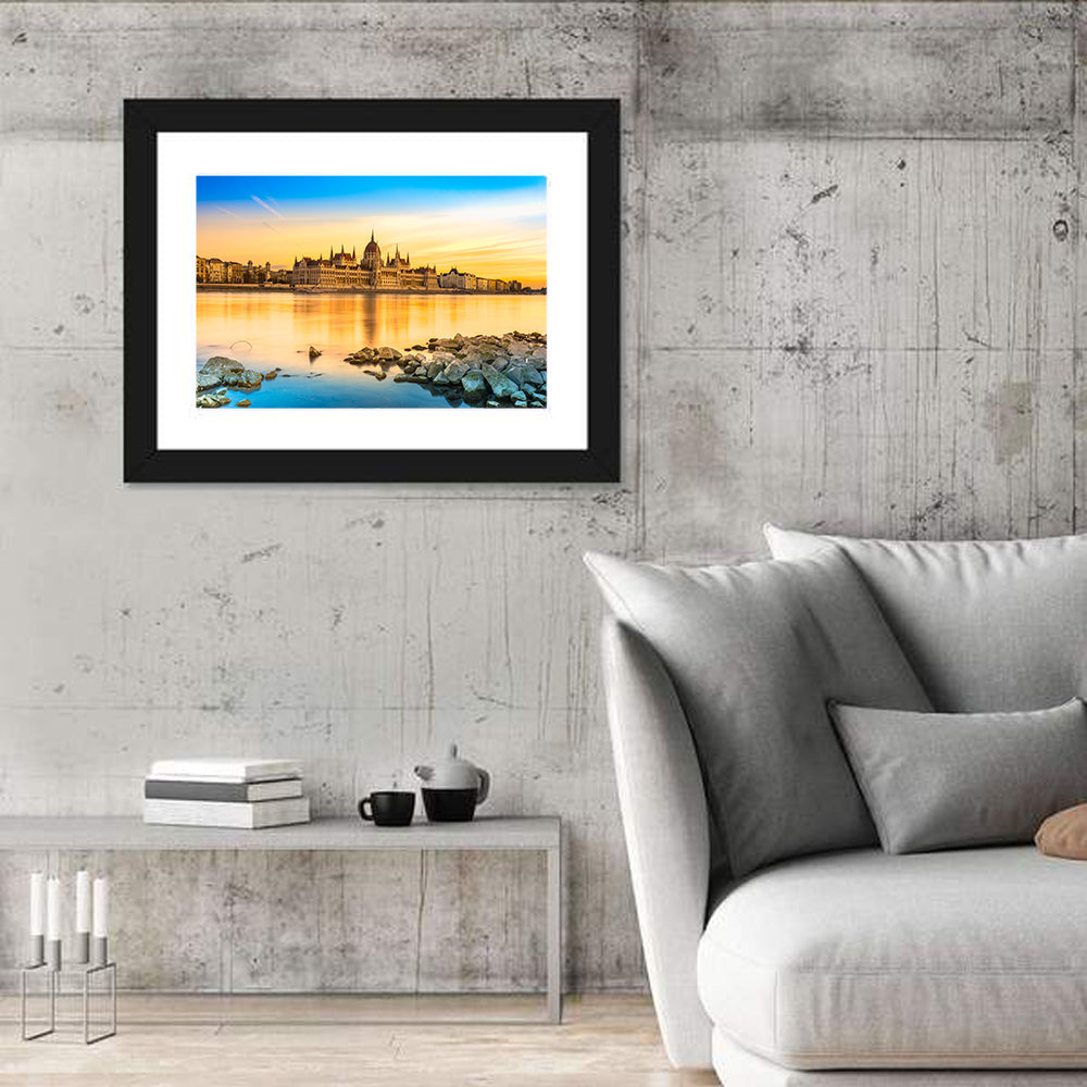 Budapest Parliament at Golden Hour Wall Art in a room, landscape