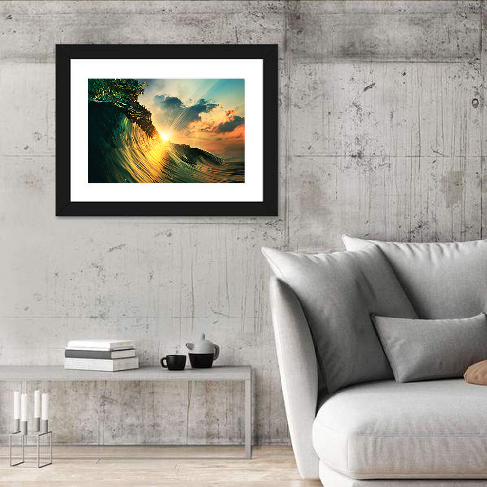 Sunset Through a Curling Wave Wall Art in a room, landscape