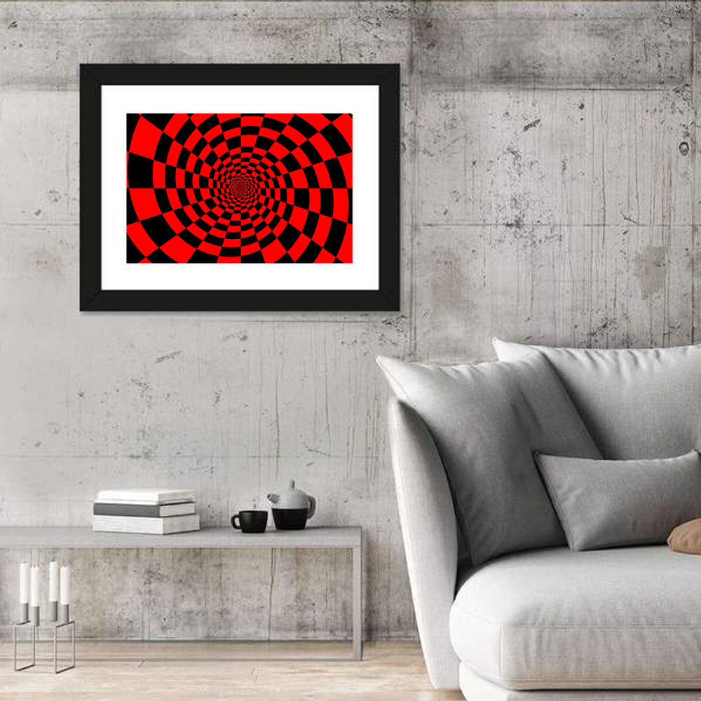 Red and Black Spiral Checkerboard Wall Art in a room, landscape