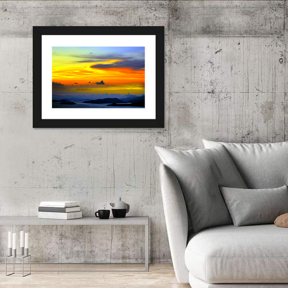 Tranquil Ocean Sunset Wall Art in a room, landscape