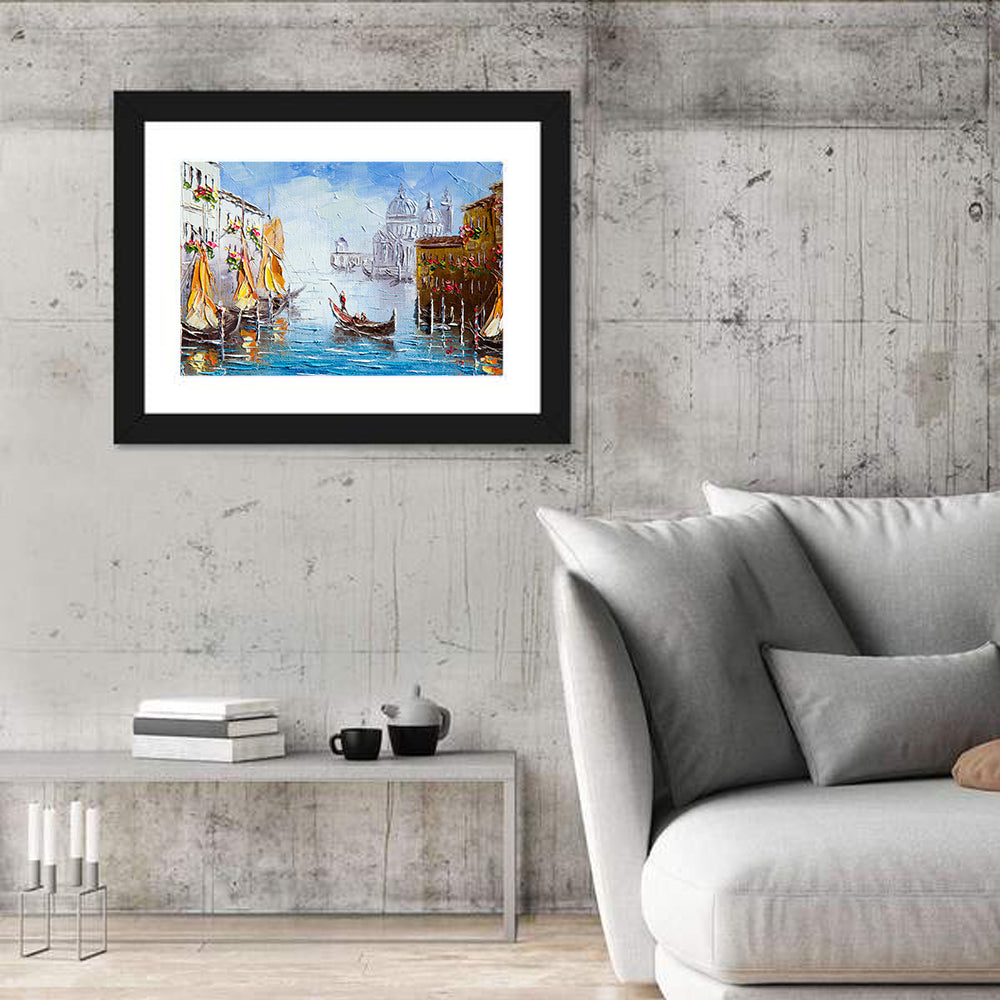 Venetian Canal Watercolor Wall Art in a room, landscape