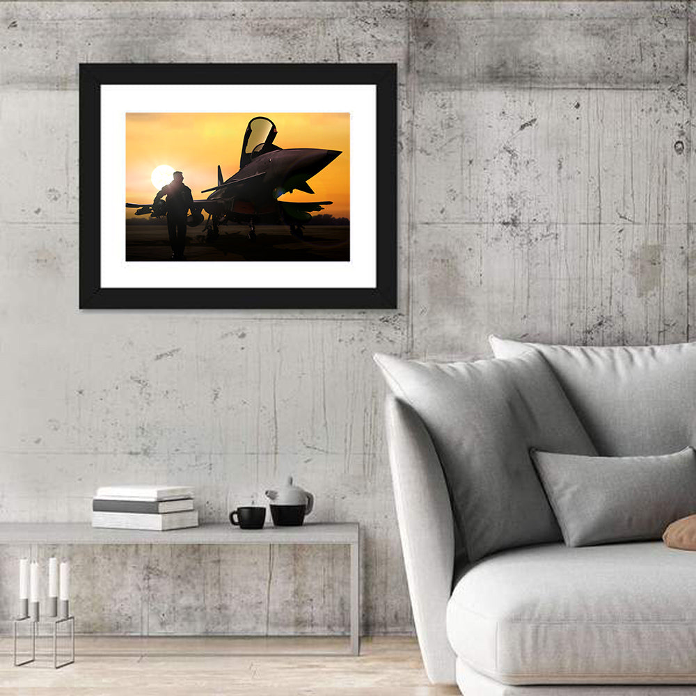 Pilot and Fighter Jet at Sunset Wall Art in a room, landscape