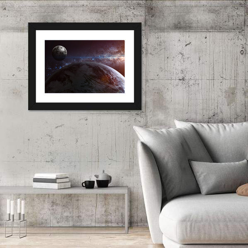 Earth and Moon Over Nebula Wall Art