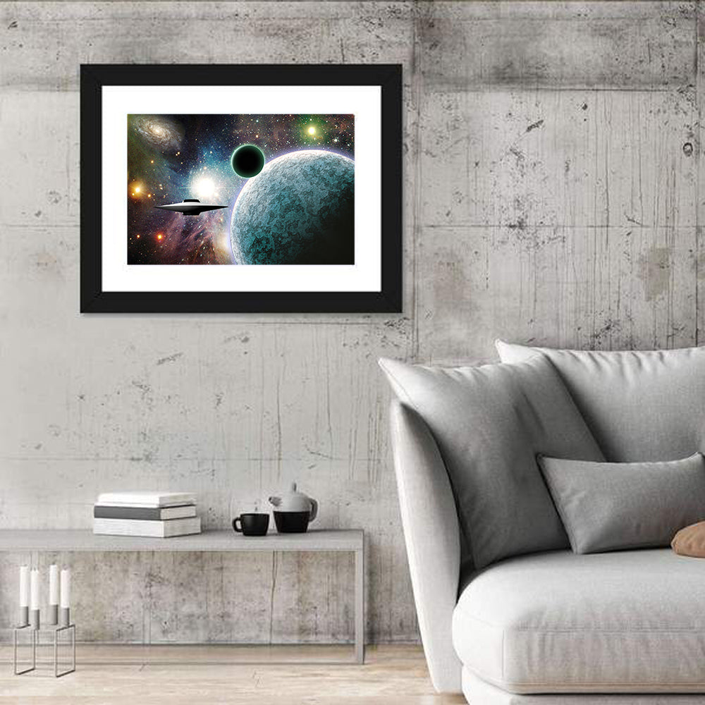 Saucer Near Cratered Planet Wall Art