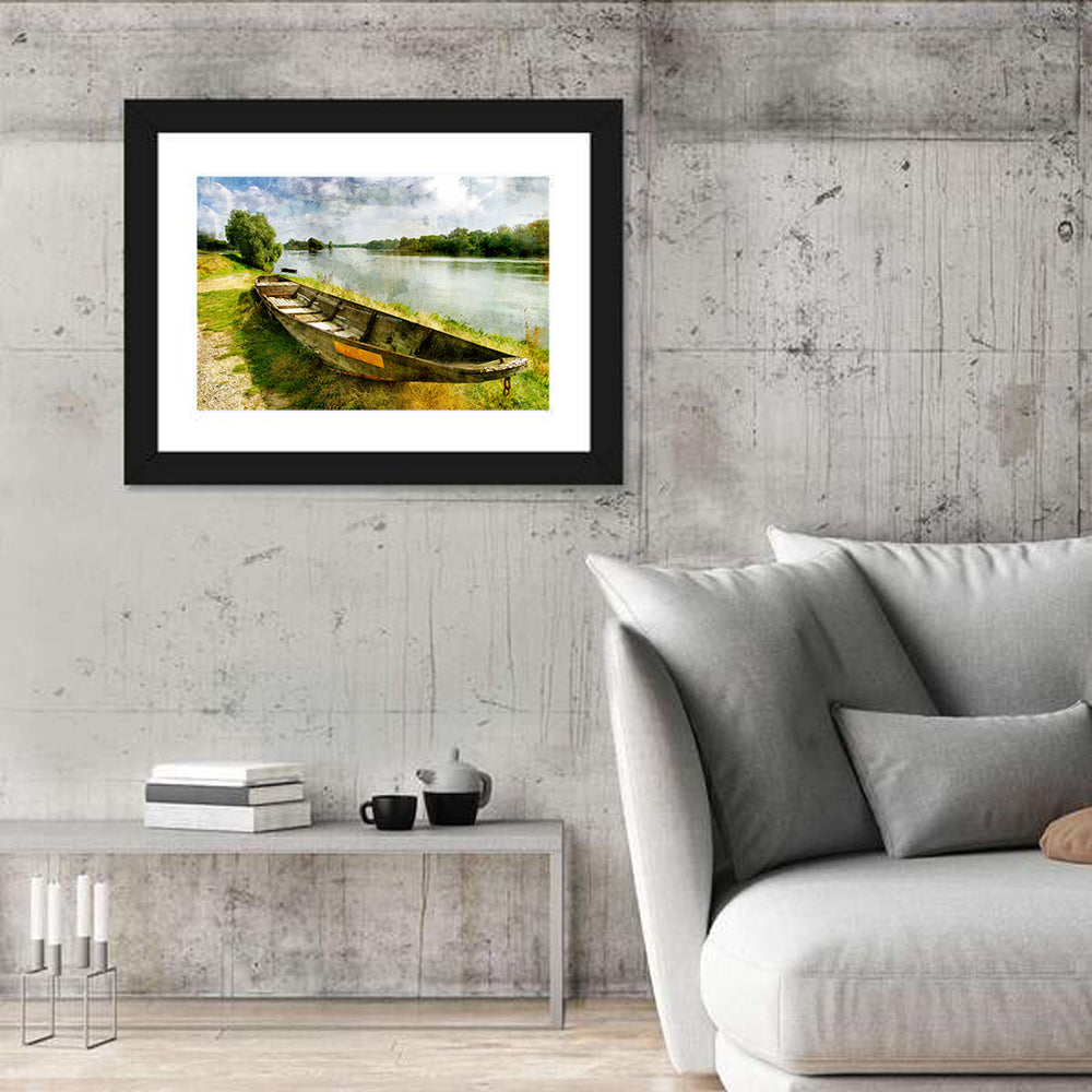 Weathered Wooden Boat on Riverbank Wall Art in a room, landscape