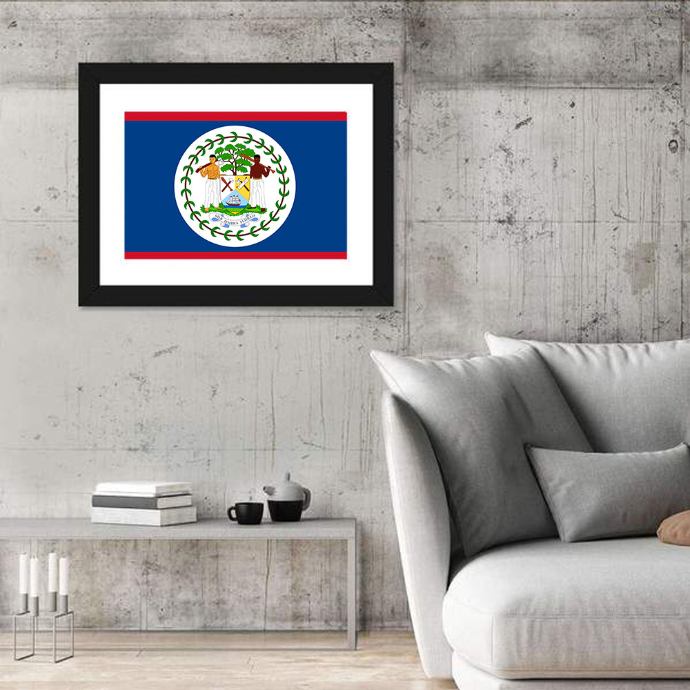 Belize National Flag Emblem Wall Art in a room, landscape