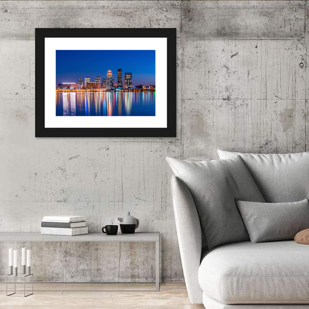 Downtown Louisville Skyline at Night Wall Art in a room, landscape