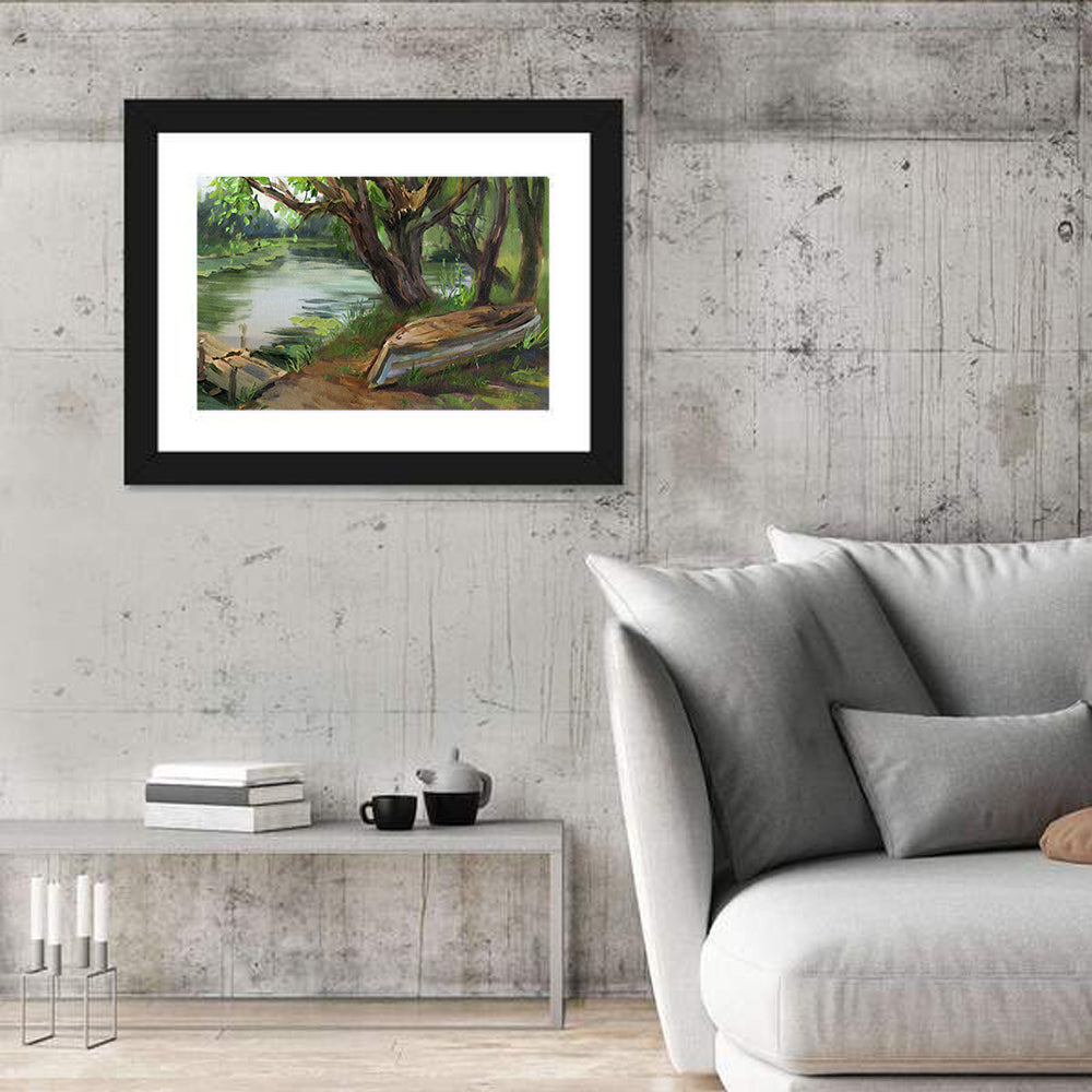 Overturned Boat on Quiet River Wall Art in a room, landscape