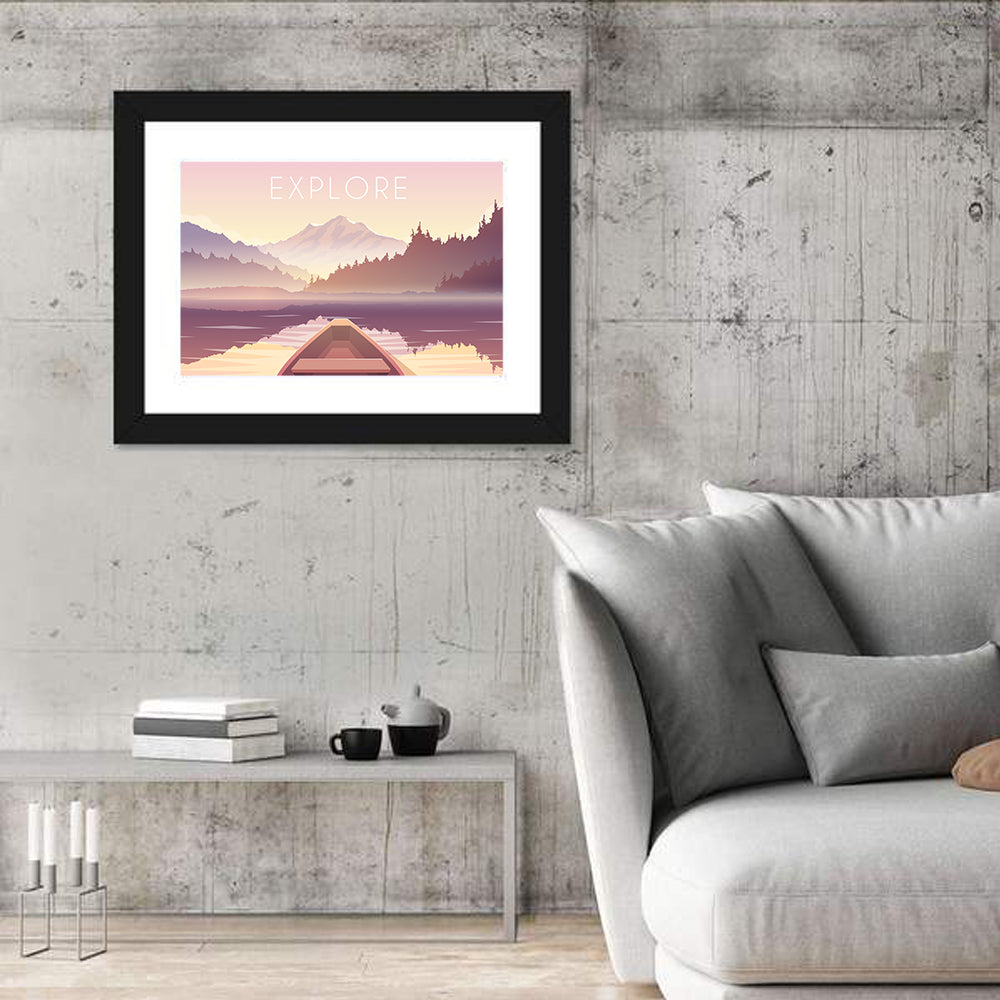 Explore Mountain Lake Sailing Illustration Wall Art in a room, landscape