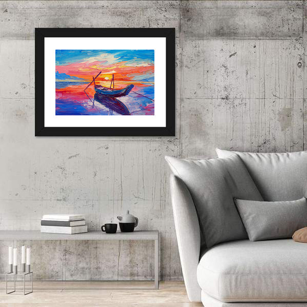 Fishing Boats at Sunset Wall Art in a room, landscape