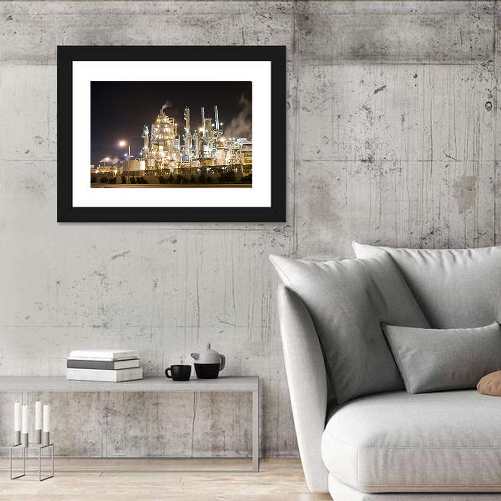Industrial Refinery Nightscape Wall Art in a room, landscape