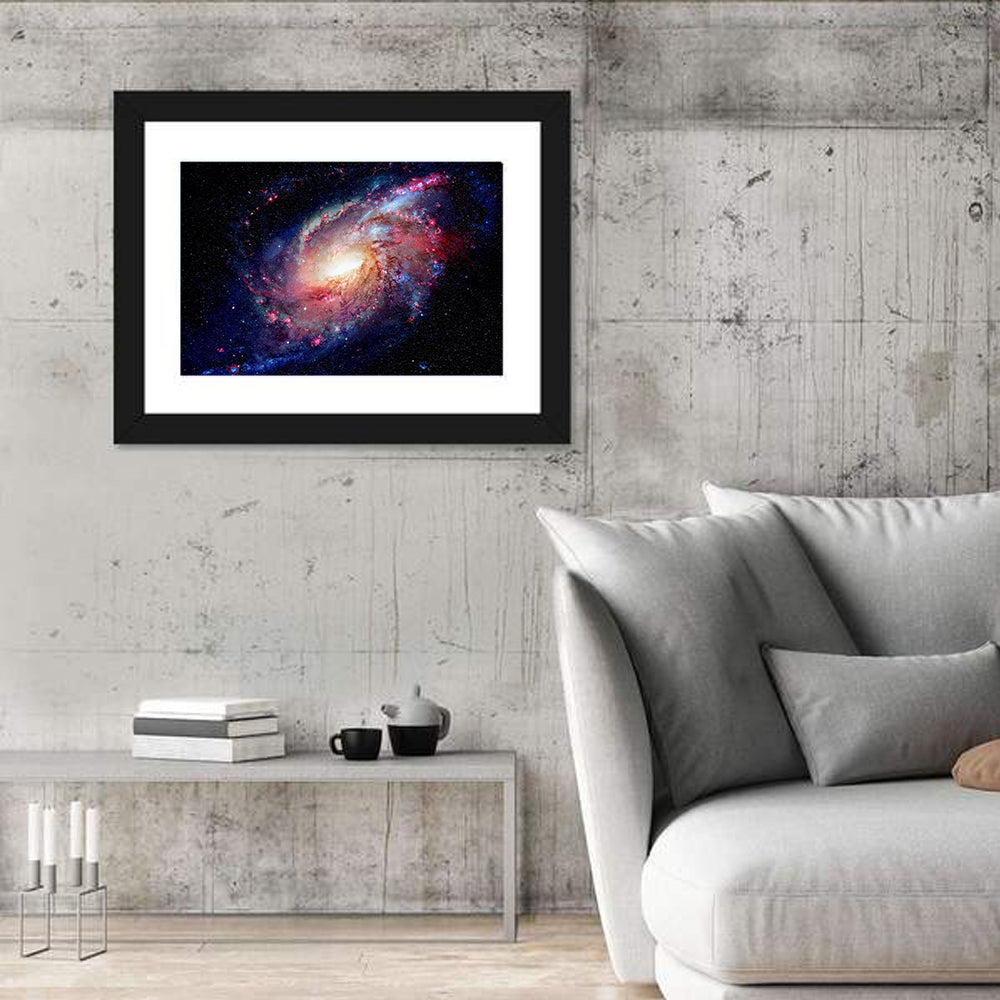Spiral Galaxy and Nebula Wall Art in a room, landscape