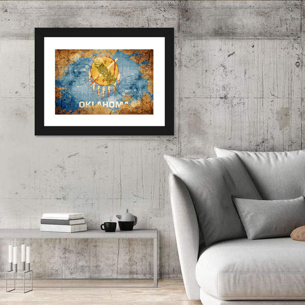 Vintage Oklahoma Flag Wall Art in a room, landscape