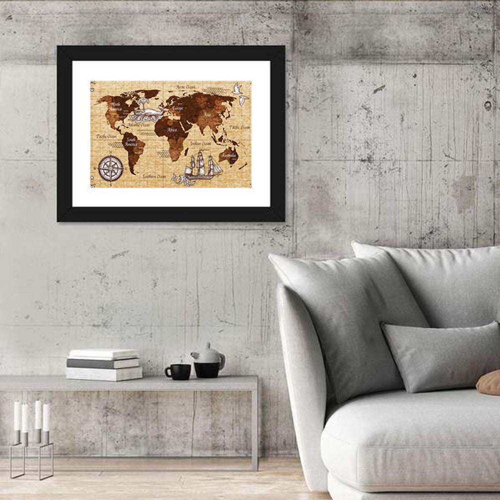 Vintage Nautical World Map Wall Art in a room, landscape
