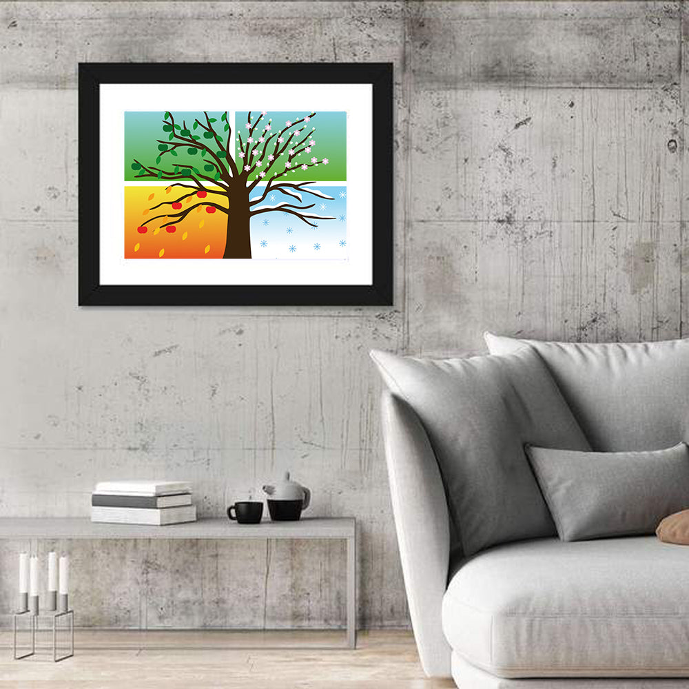 Tree of Four Seasons Illustration Wall Art in a room, landscape