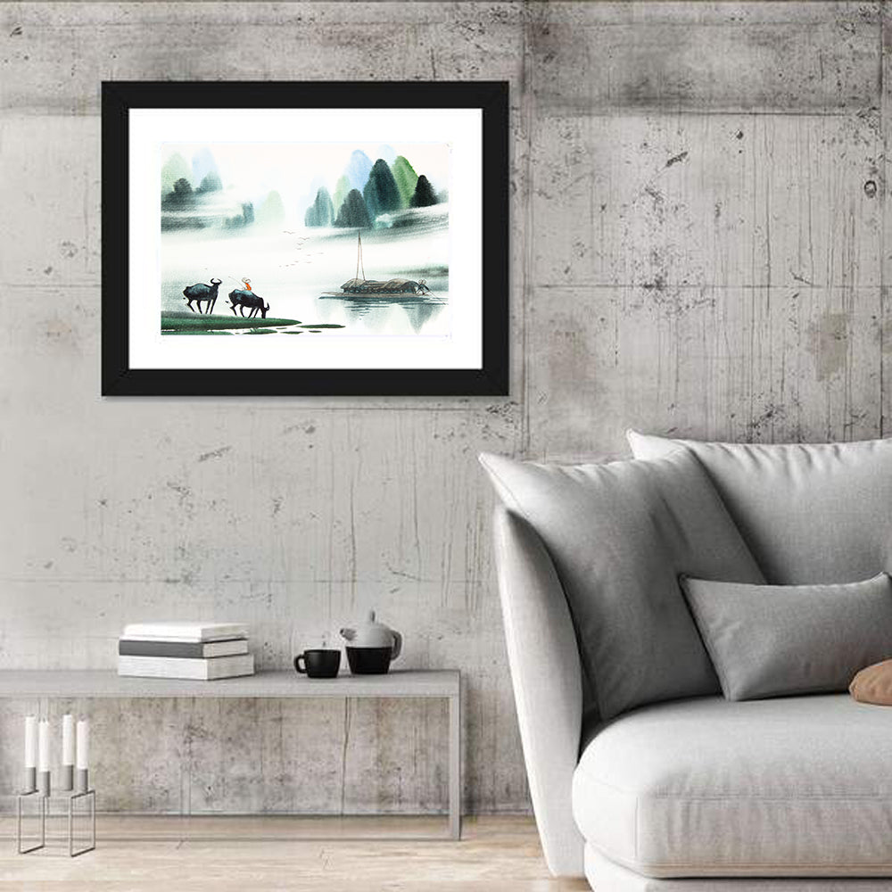 Water Buffalo in Misty Watercolor Wall Art in a room, landscape