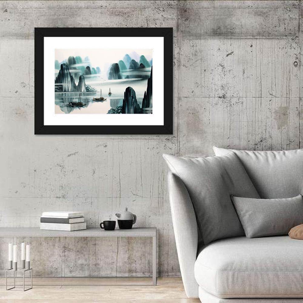 Misty Mountain Lake with Boats Wall Art