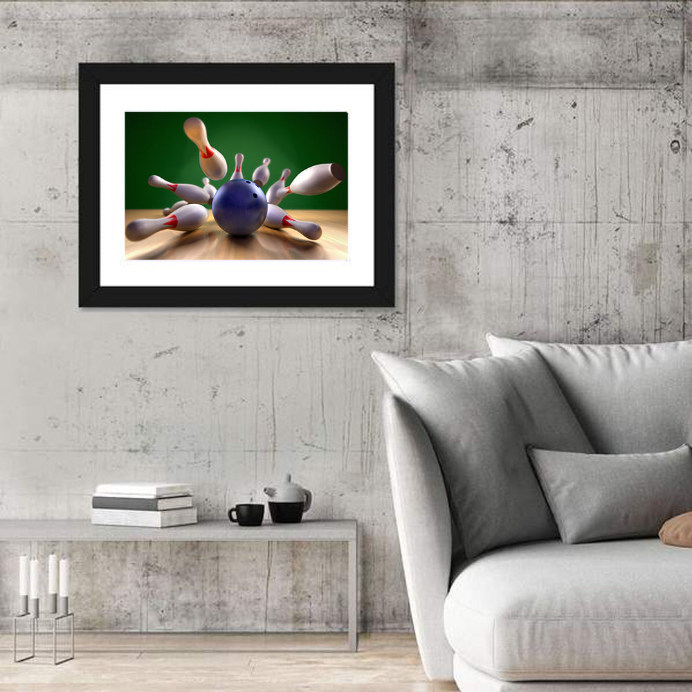 Blue Bowling Ball Hitting Pins Wall Art in a room, landscape