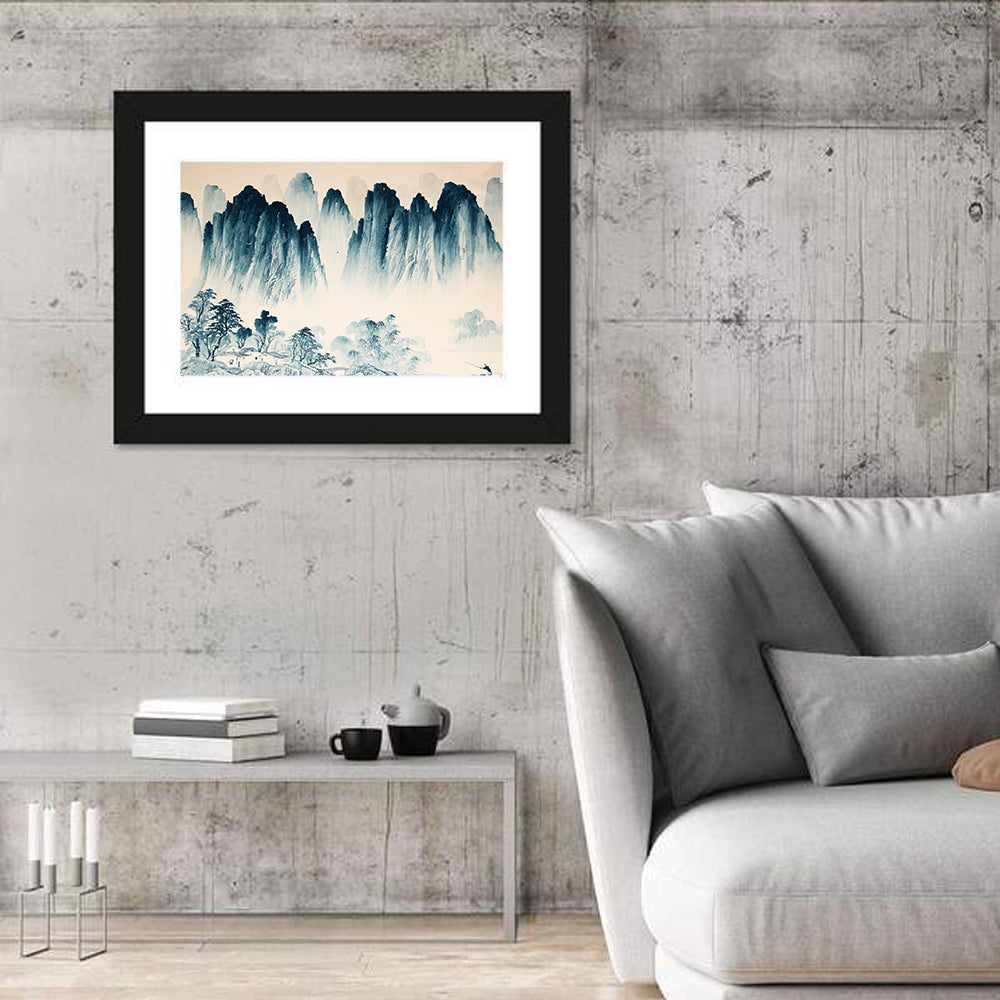 Misty Mountain with Fisherman Wall Art in a room, landscape