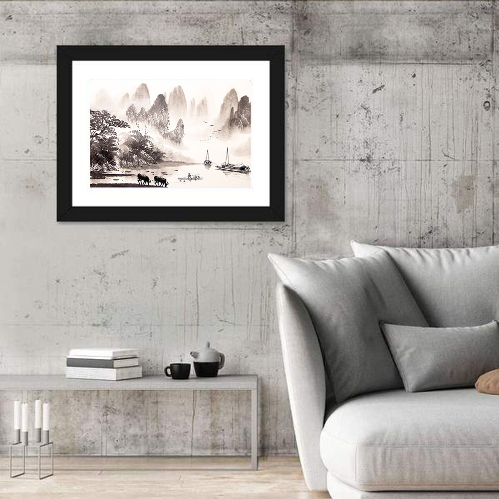 Misty Mountain Ink Wash Landscape Wall Art in a room, landscape