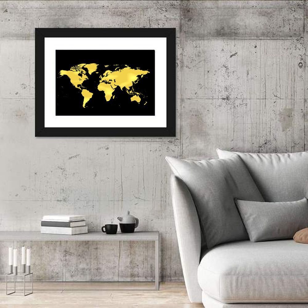 Metallic Gold World Map Wall Art in a room, landscape
