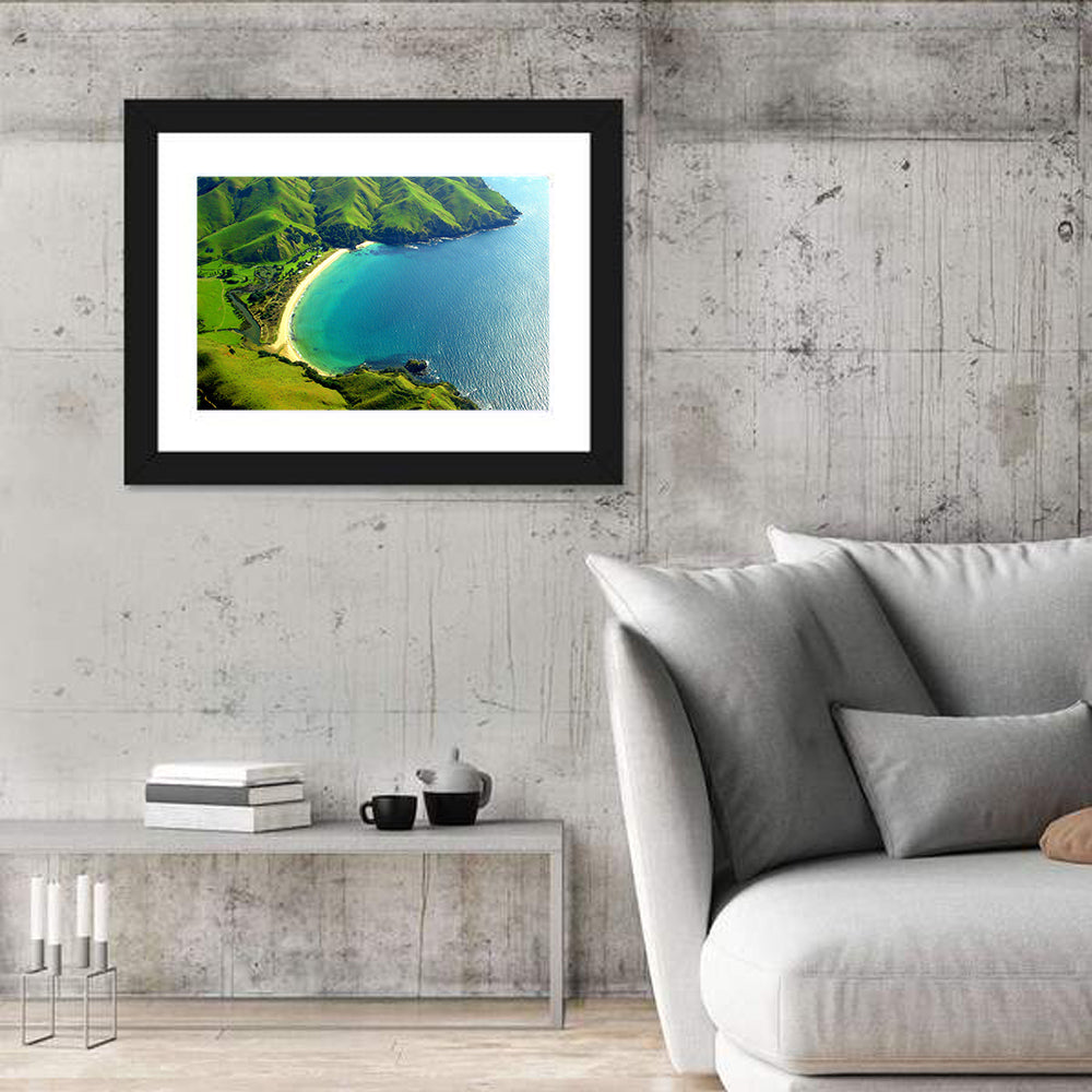 Taupo Bay Aerial View Wall Art in a room, landscape