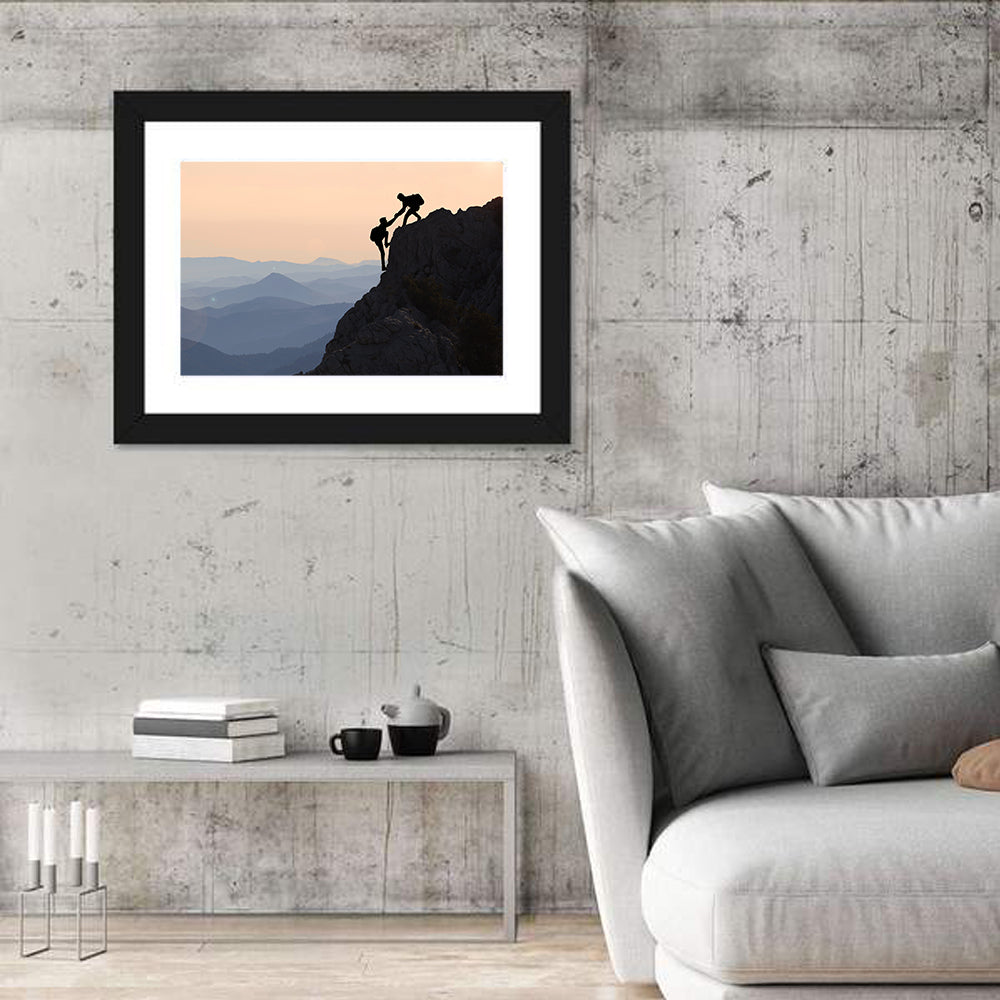 Sunset Mountaineering Silhouette Wall Art in a room, landscape
