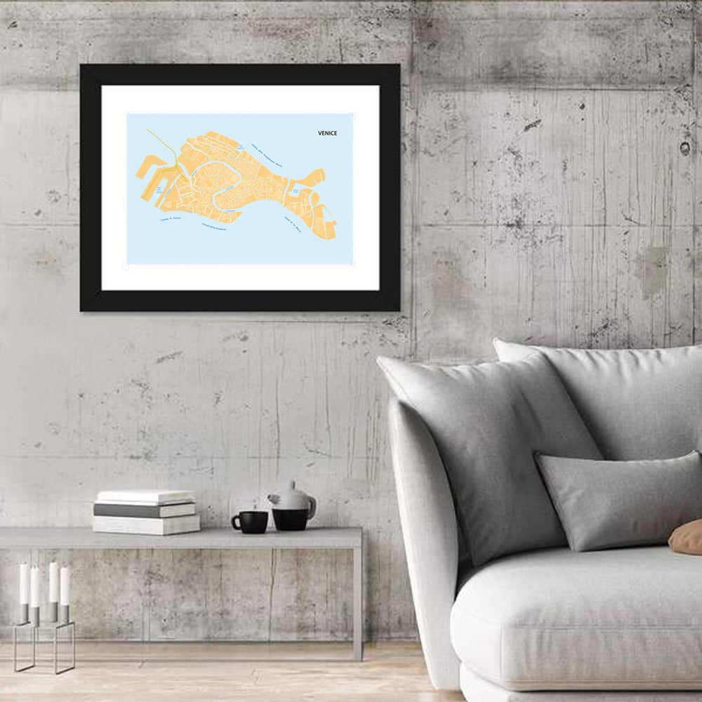 Venice Canal Map, Light Blue and Orange Wall Art in a room, landscape