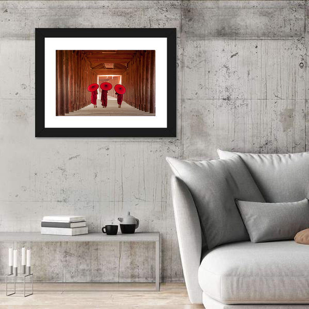 Novice Monks with Red Umbrellas Wall Art in a room, landscape