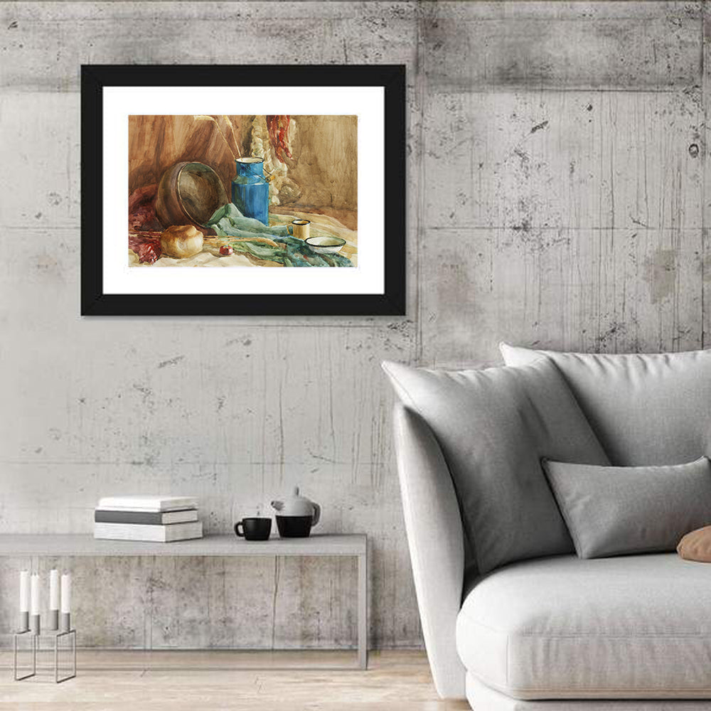 Blue Milk Can Watercolor Still Life Wall Art in a room, landscape
