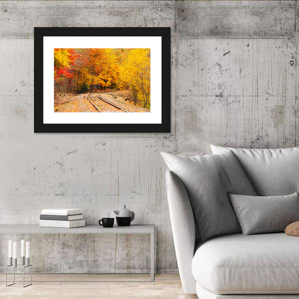 Curving Railroad Through Autumn Forest Wall Art