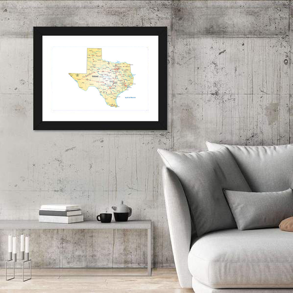 Texas Road Map Illustration Wall Art in a room, landscape