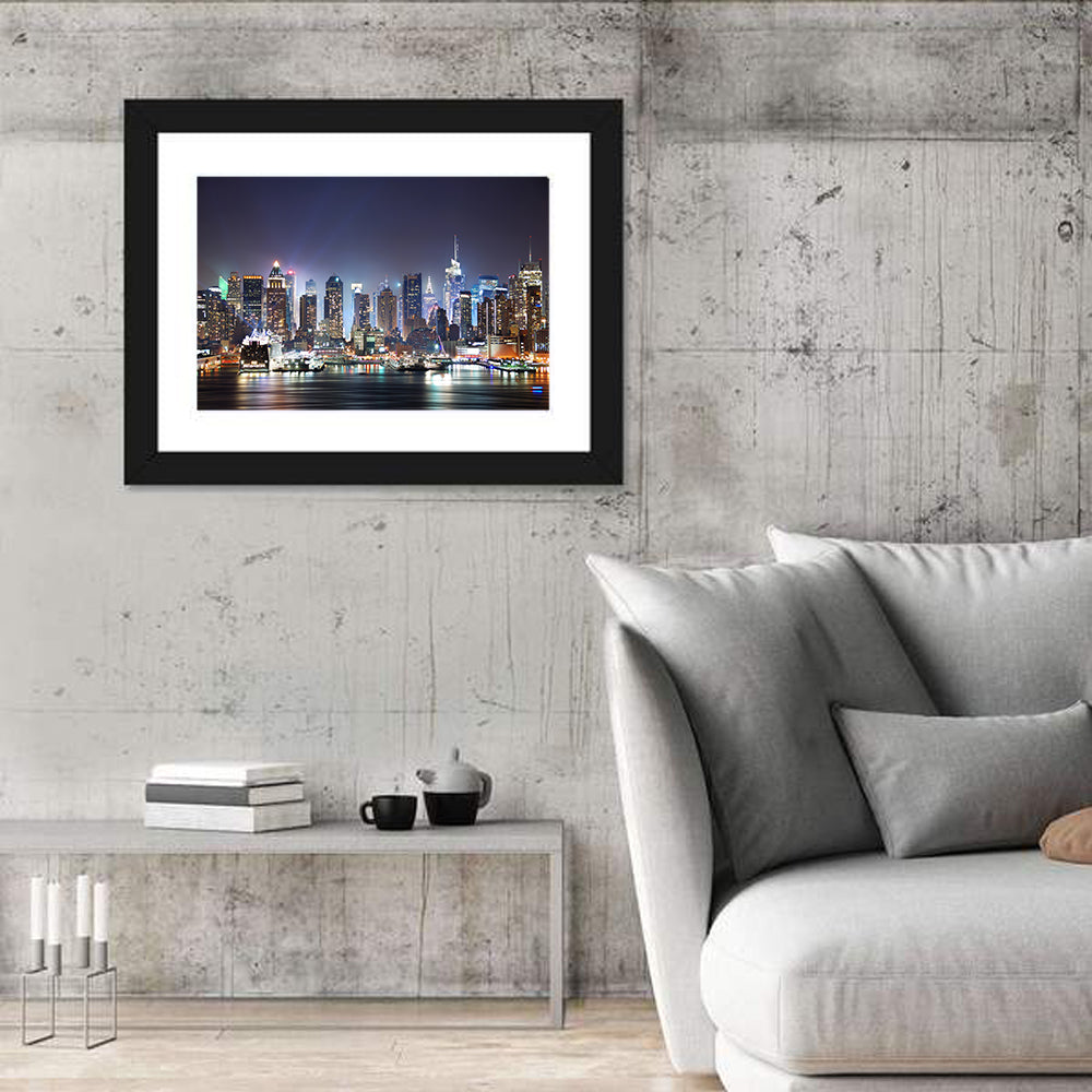 Manhattan Night Skyline Wall Art in a room, landscape
