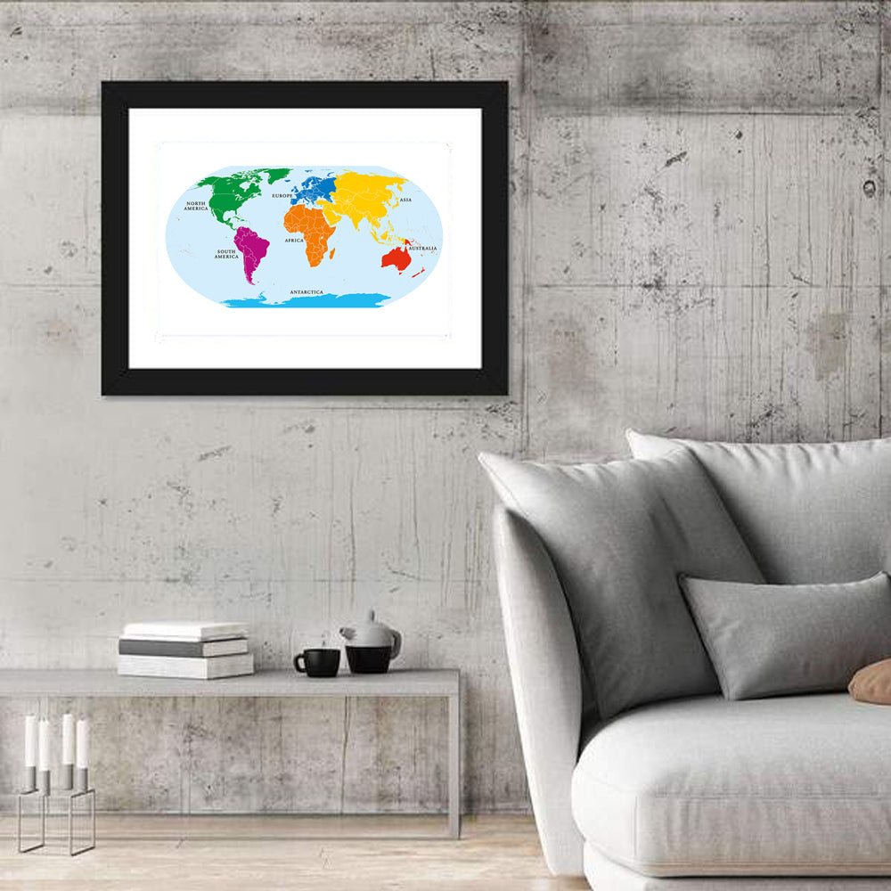 Color-coded Seven Continents Map Wall Art