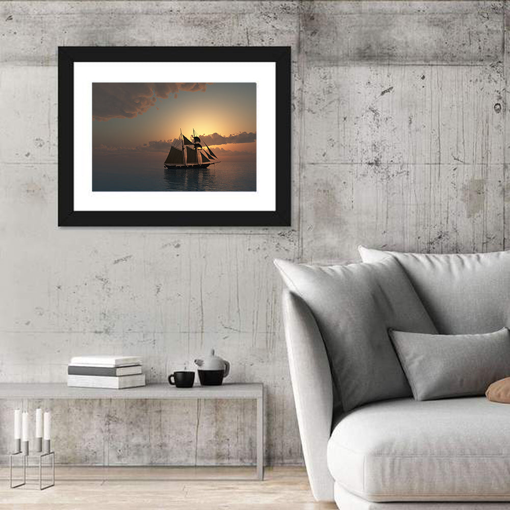 Sunset On Sea With Schooner Ship Wall Art