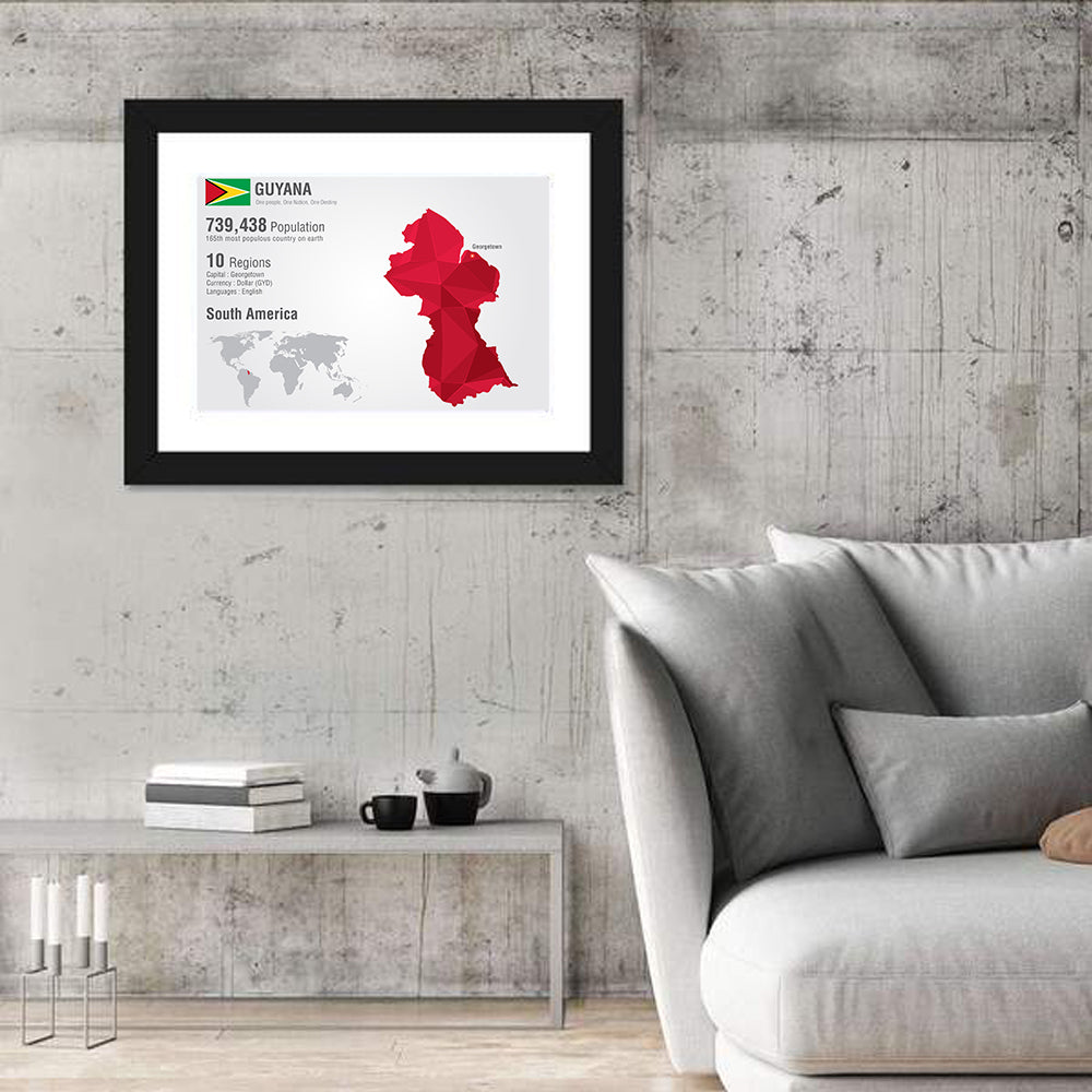 Guyana Low-poly Map Infographic Wall Art in a room, landscape