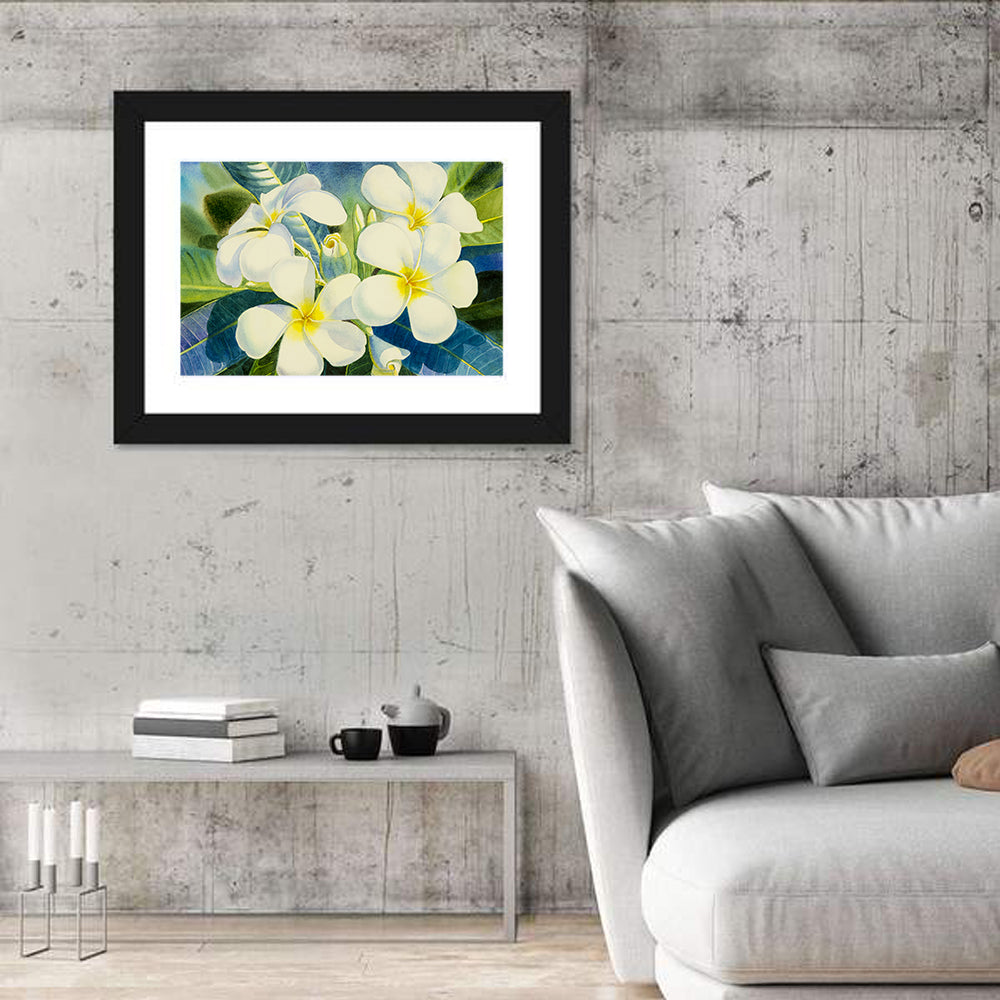 White Plumeria Watercolor Study Wall Art in a room, landscape