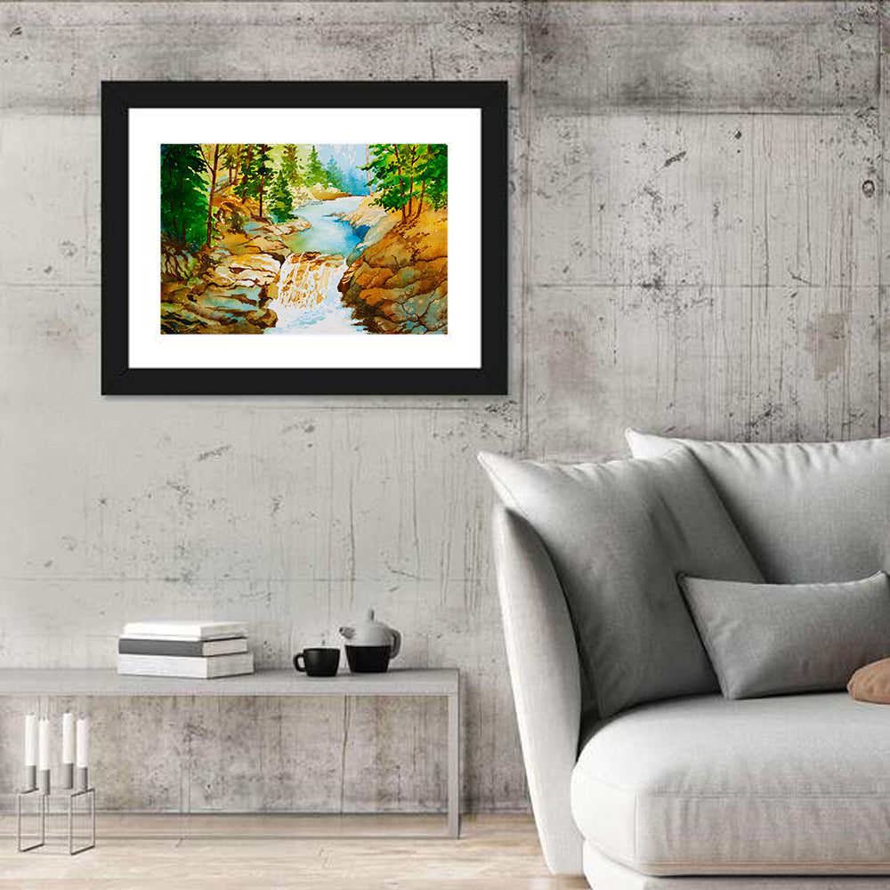 Mossy Forest Waterfall Wall Art in a room, landscape