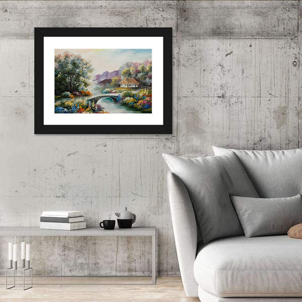 Thatched Cottage with Stone Bridge Wall Art in a room, landscape
