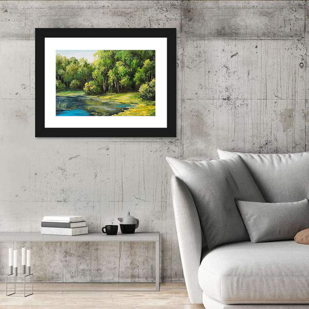 Tranquil Forest Lake Wall Art in a room, landscape