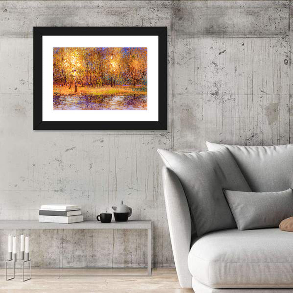 Autumn Lake Reflection Wall Art in a room, landscape