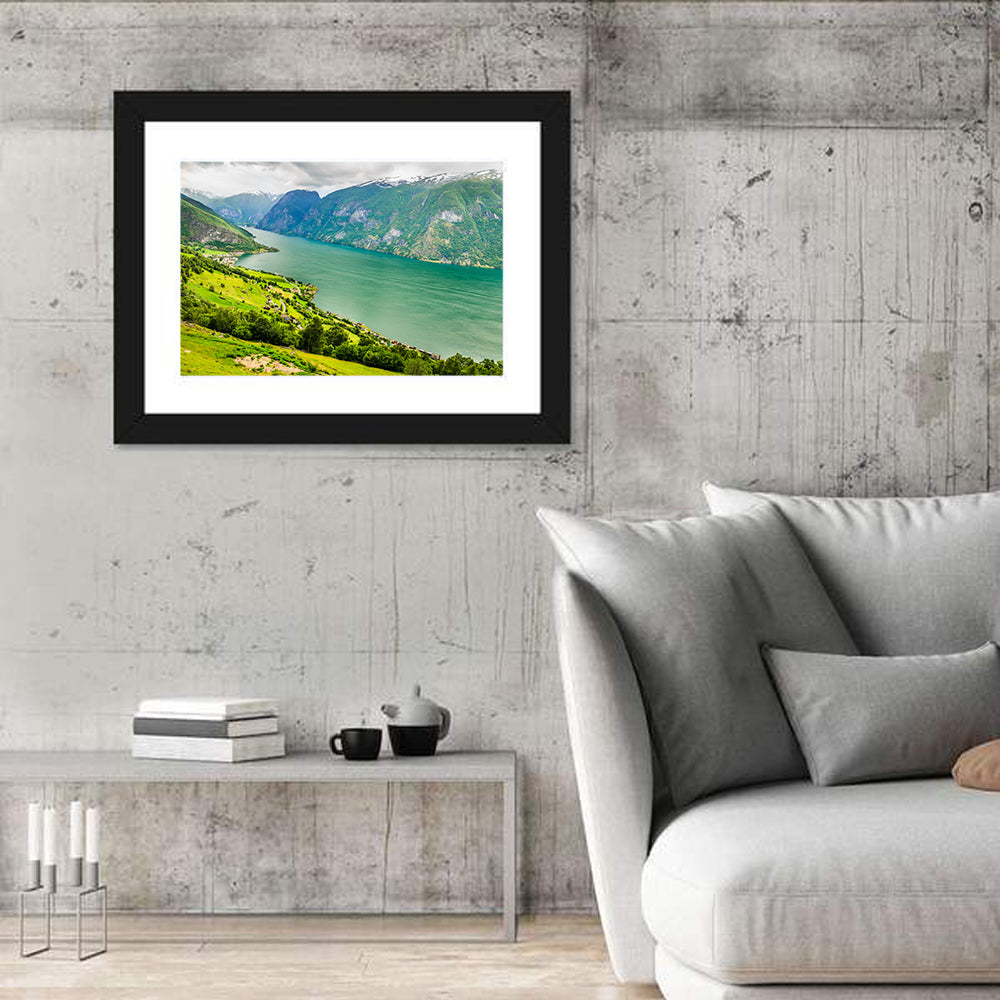 Aurlandsfjord Valley Panorama Wall Art in a room, landscape