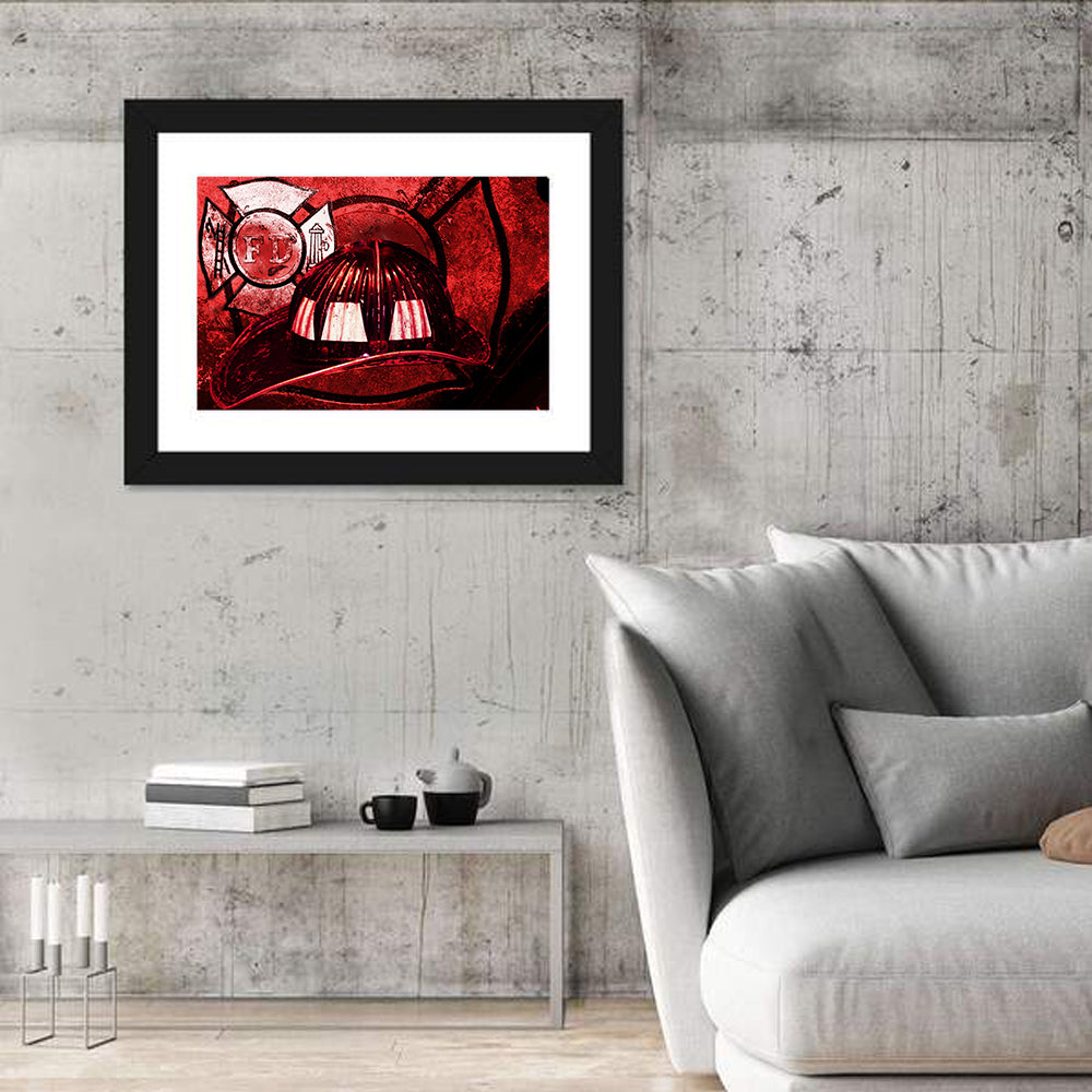 Vintage Fire Helmet with Maltese Cross Wall Art in a room, landscape