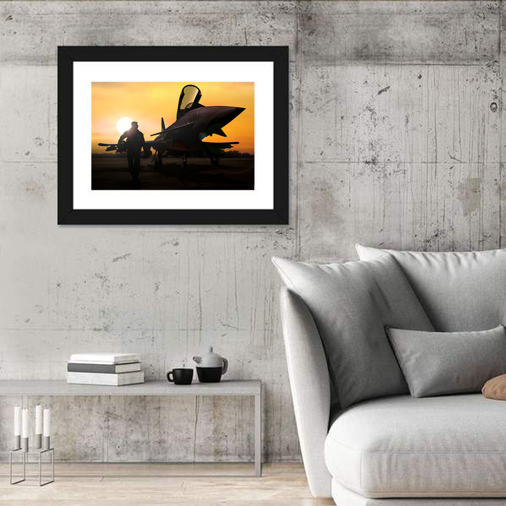 Pilot and Fighter Jet at Sunset Wall Art