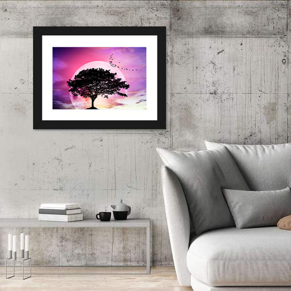 Tree Beneath Twilight Moon Wall Art in a room, landscape